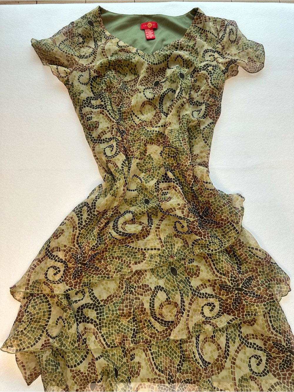 Y2K Tiered Chiffon Layered Dress Green Mosaic Print